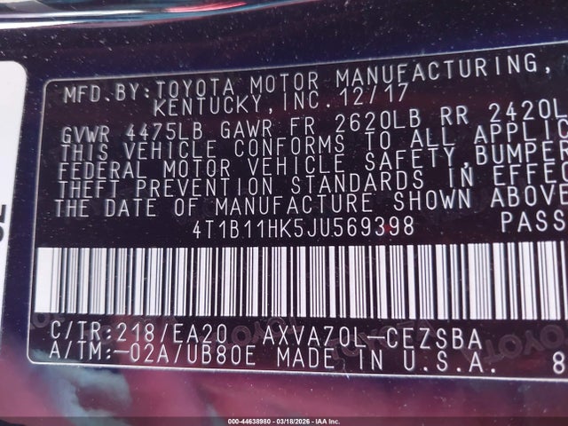 4T1B11HK5JU569398 Toyota CAMRY SE