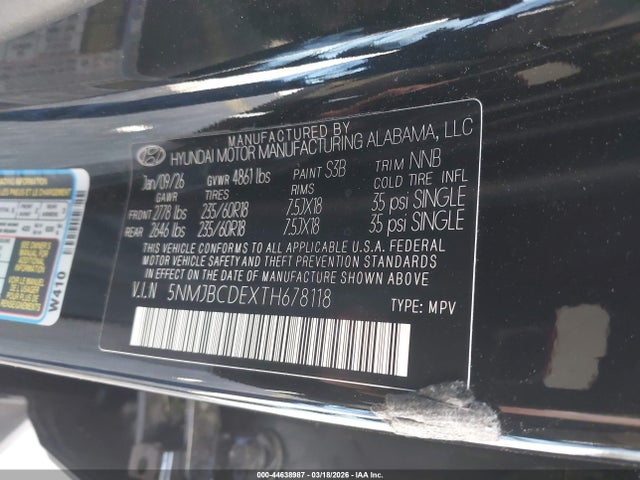 5NMJBCDEXTH678118 Hyundai TUCSON SEL
