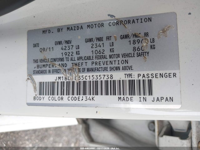 Aukcja sprzedaży 2012 Mazda Mazdaspeed3 Touring, vin: JM1BL1L35C1535738, numer aukcji: 44638991