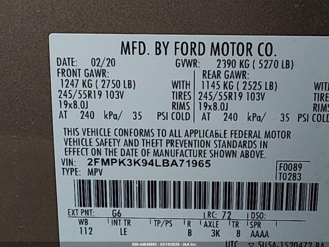 Aukcja sprzedaży 2020 Ford Edge Titanium, vin: 2FMPK3K94LBA71965, numer aukcji: 44638992