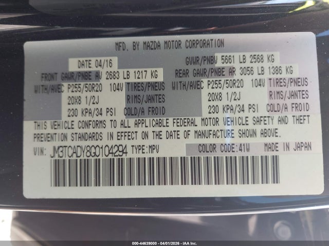 44639000 :رقم المزاد ، JM3TCADY8G0104294 vin ، 2016 Mazda Cx-9 Grand Touring مزاد بيع