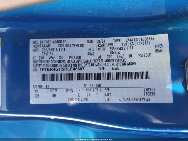 Aukcja sprzedaży 2024 Ford Ranger Xlt, vin: 1FTER4GH5RLE46607, numer aukcji: 44639002