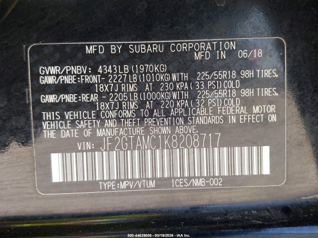 Продаж на аукціоні авто 2019 Subaru Crosstrek 2.0i Limited, vin: JF2GTAMC1K8208717, номер лоту: 44639005