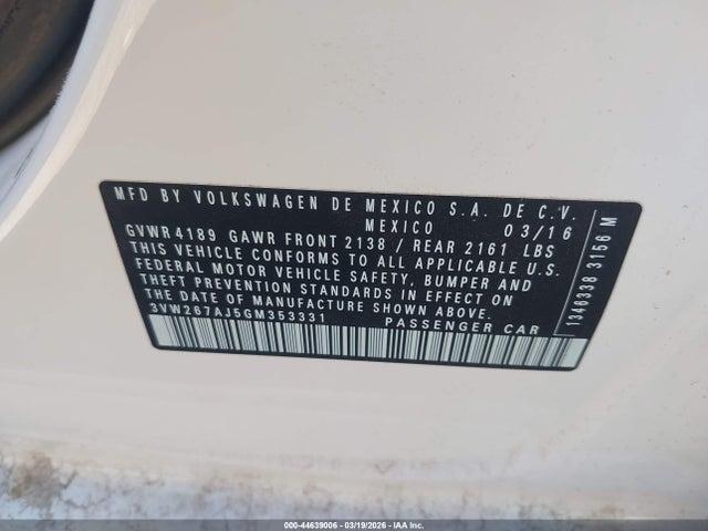 44639006 :رقم المزاد ، 3VW267AJ5GM353331 vin ، 2016 Volkswagen Jetta 1.4t S مزاد بيع