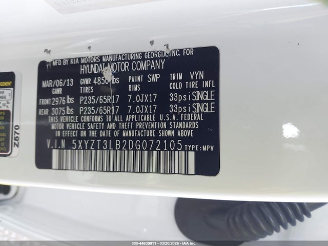 2013 HYUNDAI SANTA FE 5XYZT3LB2DG072105 Photo 8