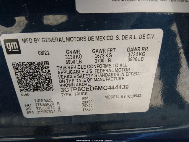 2021 Gmc Sierra 1500 2wd  Short Box Elevation მანქანა იყიდება აუქციონზე, vin: 3GTP8CED6MG444439, აუქციონის ნომერი: 44639018