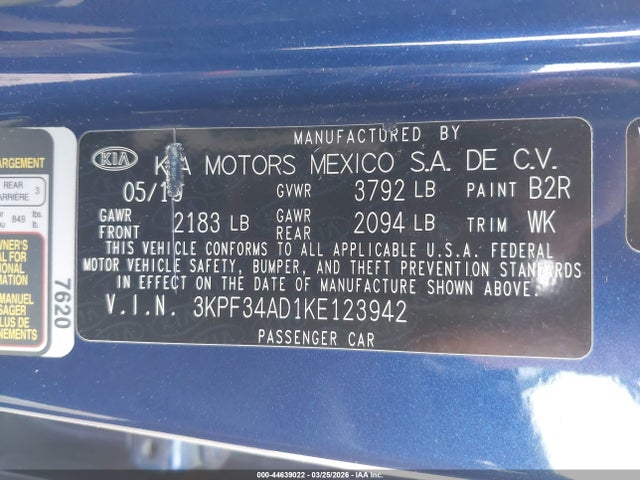 Aukcja sprzedaży 2019 Kia Forte S, vin: 3KPF34AD1KE123942, numer aukcji: 44639022