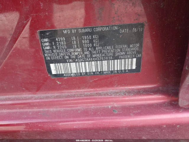 Aukcja sprzedaży 2017 Subaru Impreza 2.0i, vin: 4S3GTAA6XH3753818, numer aukcji: 44639030