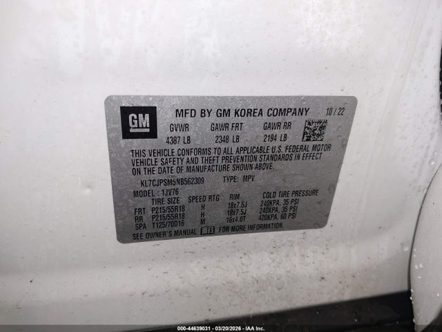 2022 Chevrolet Trax Awd Lt მანქანა იყიდება აუქციონზე, vin: KL7CJPSM5NB562309, აუქციონის ნომერი: 44639031