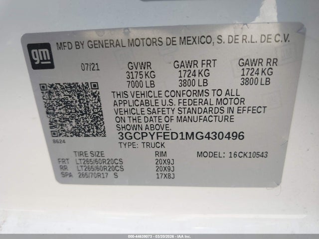 2021 Chevrolet Silverado 1500 მანქანა იყიდება აუქციონზე, vin: 3GCPYFED1MG430496, აუქციონის ნომერი: 44639073