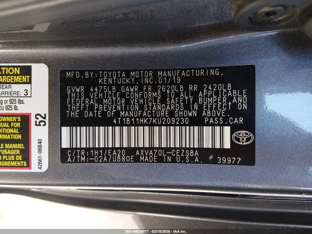4T1B11HK7KU209230 Toyota CAMRY SE