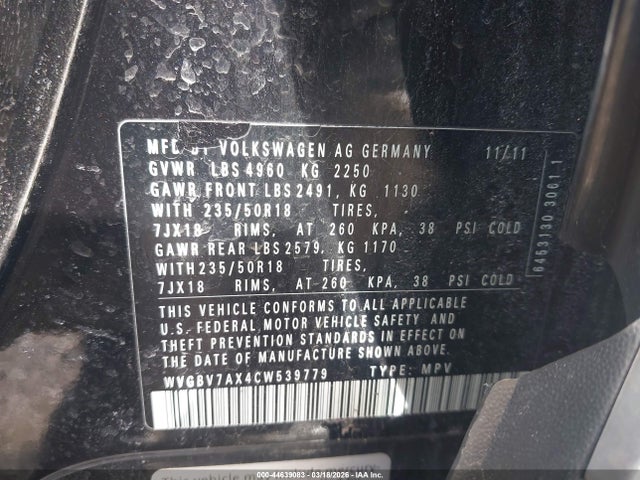 Продаж на аукціоні авто 2012 Volkswagen Tiguan Se, vin: WVGBV7AX4CW539779, номер лоту: 44639083