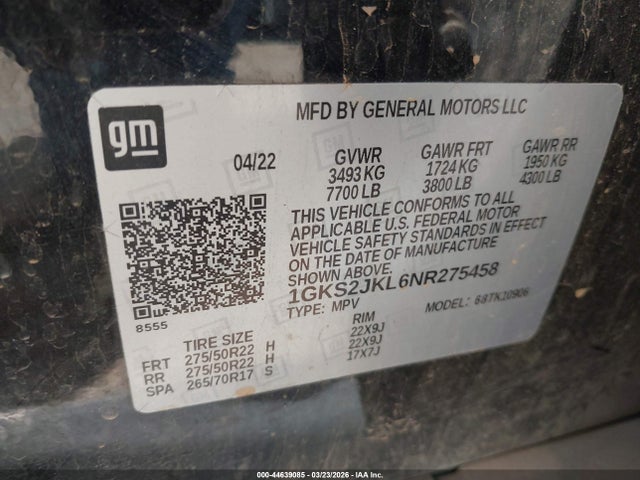 Продаж на аукціоні авто 2022 Gmc Yukon Xl 4wd Denali, vin: 1GKS2JKL6NR275458, номер лоту: 44639085