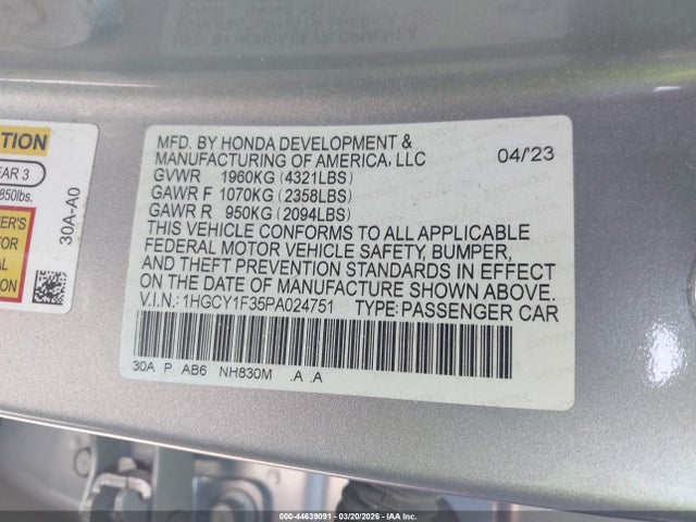 Aukcja sprzedaży 2023 Honda Accord Ex, vin: 1HGCY1F35PA024751, numer aukcji: 44639091