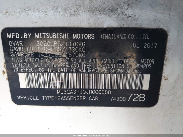 Продажа на аукционе авто 2018 Mitsubishi Mirage Es, vin: ML32A3HJ0JH000588, номер лота: 44639096
