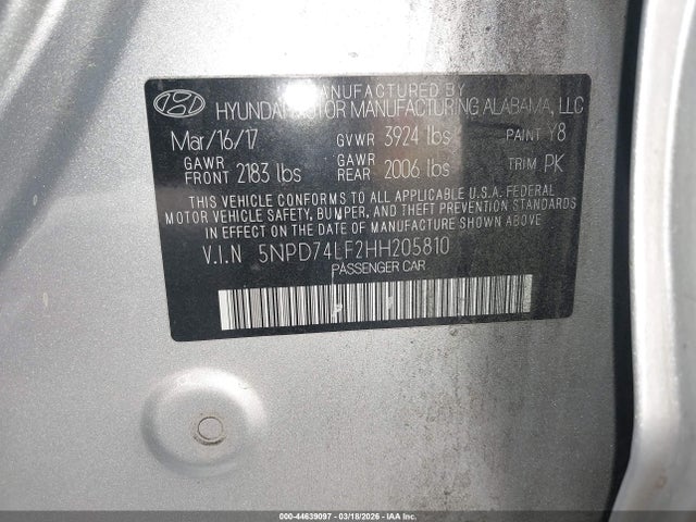 Продаж на аукціоні авто 2017 Hyundai Elantra Se, vin: 5NPD74LF2HH205810, номер лоту: 44639097