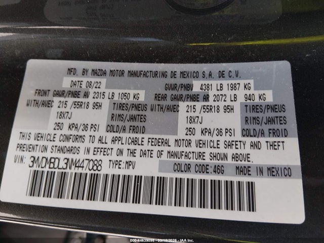 44639098 :رقم المزاد ، 3MVDMBDL3NM447088 vin ، 2022 Mazda Cx-30 Premium مزاد بيع
