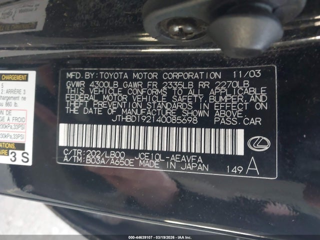 Aukcja sprzedaży 2004 Lexus Is 300, vin: JTHBD192140085698, numer aukcji: 44639107