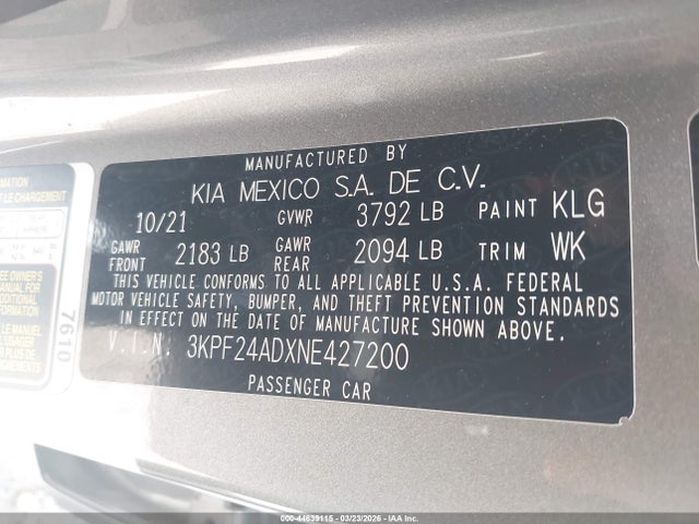 Продажа на аукционе авто 2022 Kia Forte Lxs, vin: 3KPF24ADXNE427200, номер лота: 44639115