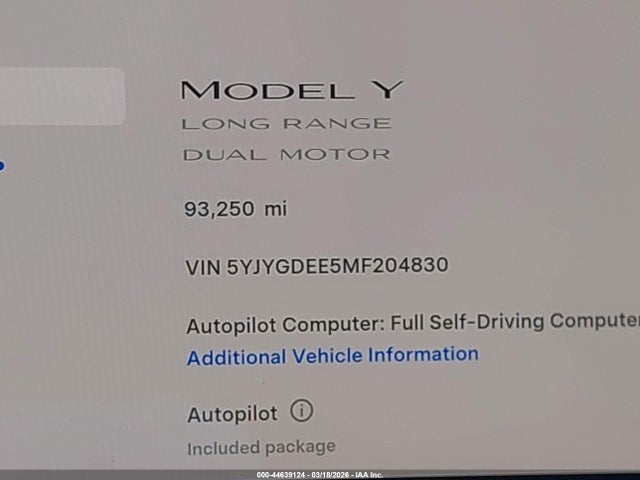 44639124 :رقم المزاد ، 5YJYGDEE5MF204830 vin ، 2021 Tesla Model Y Long Range Dual Motor All-wheel Drive مزاد بيع