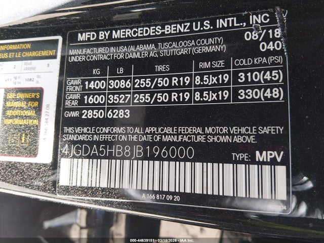 44639151 :رقم المزاد ، 4JGDA5HB8JB196000 vin ، 2018 Mercedes-benz Gle 350 4matic مزاد بيع