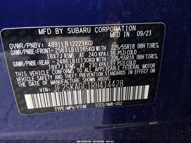 Aukcja sprzedaży 2024 Subaru Forester Sport, vin: JF2SKAGC1RH414428, numer aukcji: 44639159