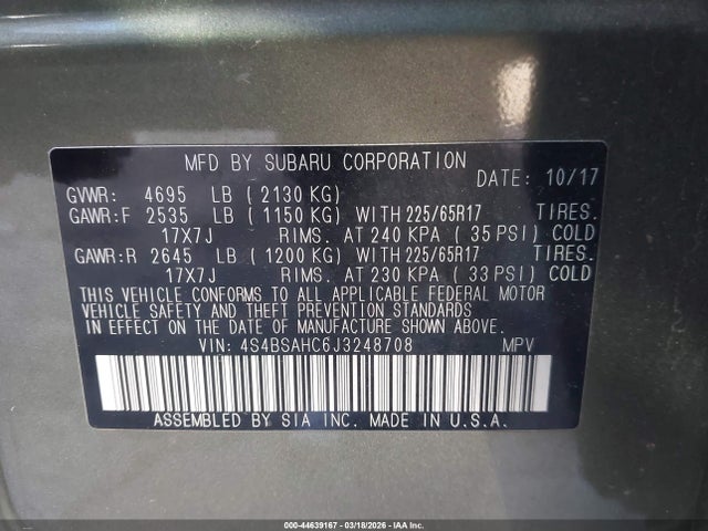 44639167 :رقم المزاد ، 4S4BSAHC6J3248708 vin ، 2018 Subaru Outback 2.5i Premium مزاد بيع