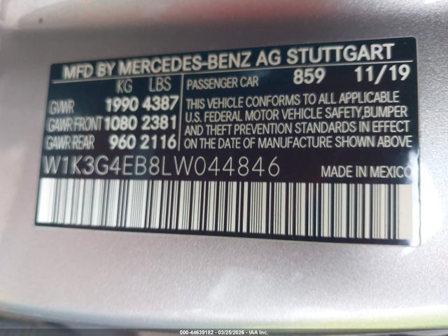 44639182 :رقم المزاد ، W1K3G4EB8LW044846 vin ، 2020 Mercedes-benz A 220 مزاد بيع