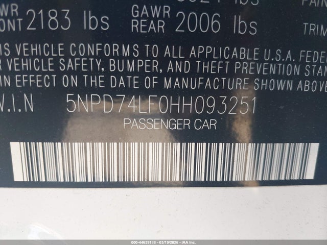 5NPD74LF0HH093251 Hyundai ELANTRA SE