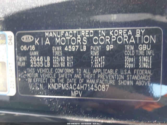 Продажа на аукционе авто 2017 Kia Sportage Lx, vin: KNDPM3AC4H7145087, номер лота: 44639218