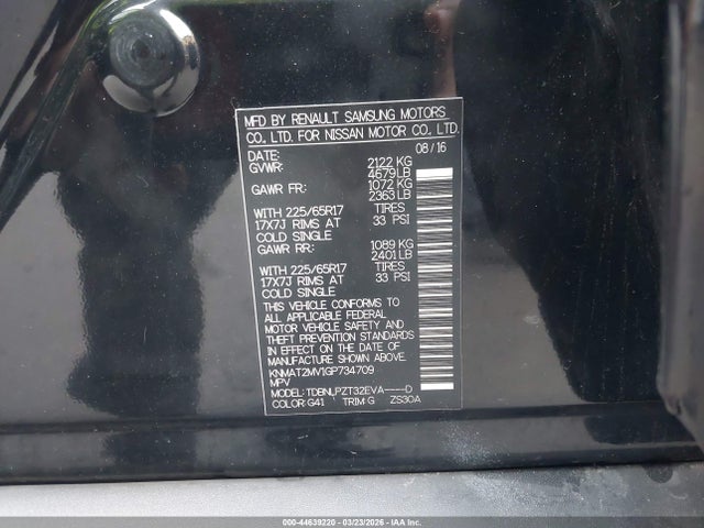 44639220 :رقم المزاد ، KNMAT2MV1GP734709 vin ، 2016 Nissan Rogue S مزاد بيع