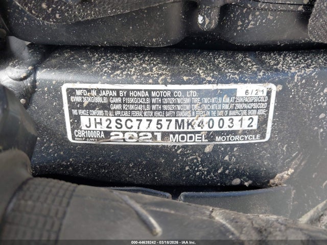 44639242 :رقم المزاد ، JH2SC7757MK400312 vin ، 2021 Honda Cbr1000 Ra مزاد بيع