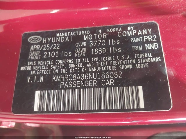 44639255 :رقم المزاد ، KMHRC8A36NU186032 vin ، 2022 Hyundai Venue Limited مزاد بيع