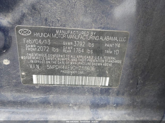 2013 Hyundai Elantra Gls მანქანა იყიდება აუქციონზე, vin: 5NPDH4AE9DH288606, აუქციონის ნომერი: 44639265