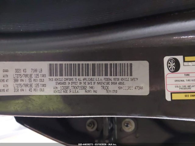 Продажа на аукционе авто 2019 Ram 1500 Rebel  4x4 5'7 Box, vin: 1C6SRFLT7KN715362, номер лота: 44639273