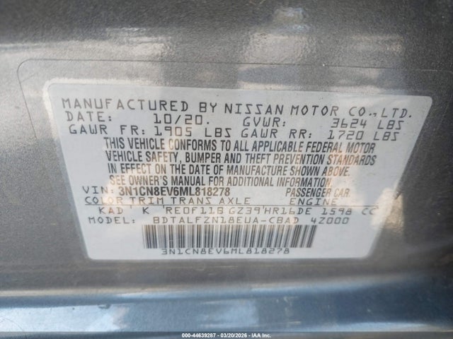 Aukcja sprzedaży 2021 Nissan Versa Sv Xtronic Cvt, vin: 3N1CN8EV6ML818278, numer aukcji: 44639287