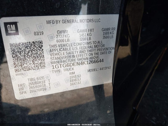 Aukcja sprzedaży 2019 Gmc Canyon Slt, vin: 1GTG6DEN4K1266644, numer aukcji: 44639326