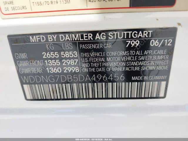 44639336 :رقم المزاد ، WDDNG7DB5DA496456 vin ، 2013 Mercedes-benz S 550 مزاد بيع