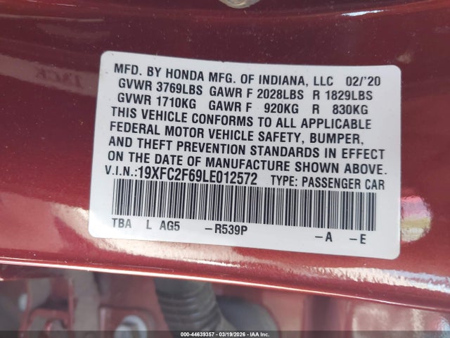 2020 Honda Civic Lx მანქანა იყიდება აუქციონზე, vin: 19XFC2F69LE012572, აუქციონის ნომერი: 44639357