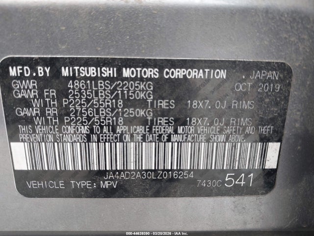Aukcja sprzedaży 2020 Mitsubishi Outlander Es 2.4, vin: JA4AD2A30LZ016254, numer aukcji: 44639390