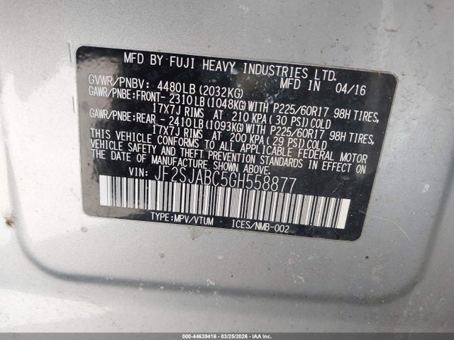 44639416 :رقم المزاد ، JF2SJABC5GH558877 vin ، 2016 Subaru Forester 2.5i مزاد بيع