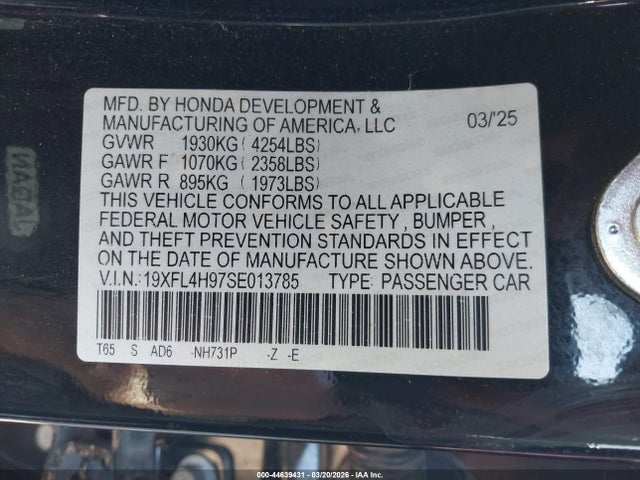 Продаж на аукціоні авто 2025 Honda Civic Hybrid Sport Touring, vin: 19XFL4H97SE013785, номер лоту: 44639431