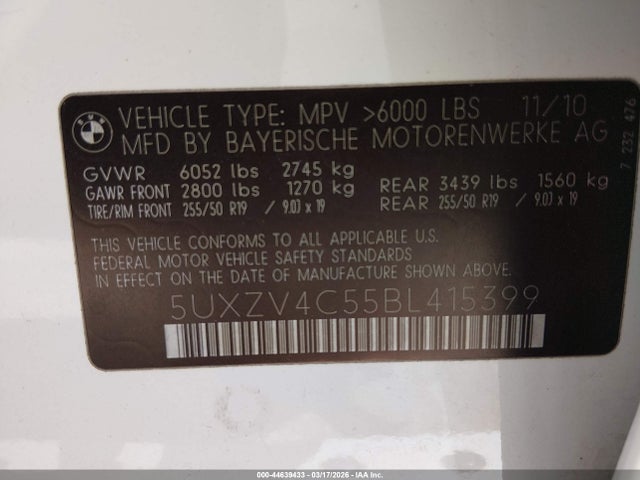 44639433 :رقم المزاد ، 5UXZV4C55BL415399 vin ، 2011 Bmw X5 Xdrive35i/xdrive35i Premium/xdrive35i Sport Activity مزاد بيع