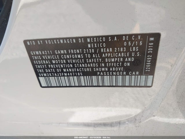 44639457 :رقم المزاد ، 3VW2K7AJ3FM407185 vin ، 2015 Volkswagen Jetta 2.0l S مزاد بيع