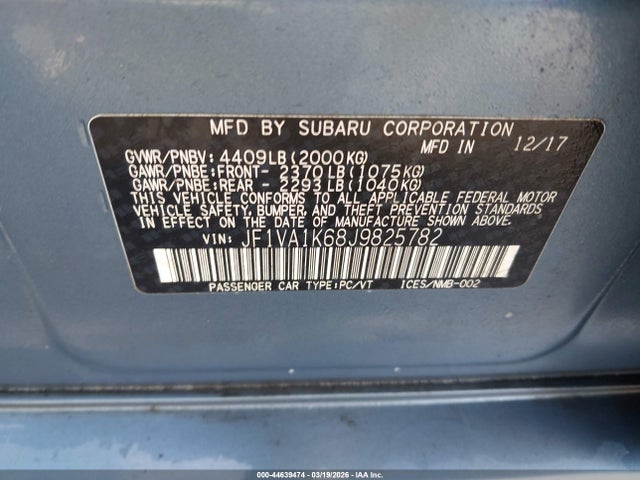 2018 Subaru Wrx Limited მანქანა იყიდება აუქციონზე, vin: JF1VA1K68J9825782, აუქციონის ნომერი: 44639474