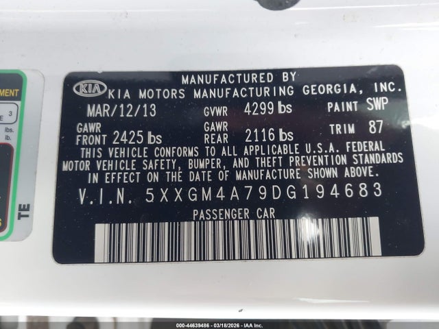 Продажа на аукционе авто 2013 Kia Optima Lx, vin: 5XXGM4A79DG194683, номер лота: 44639486