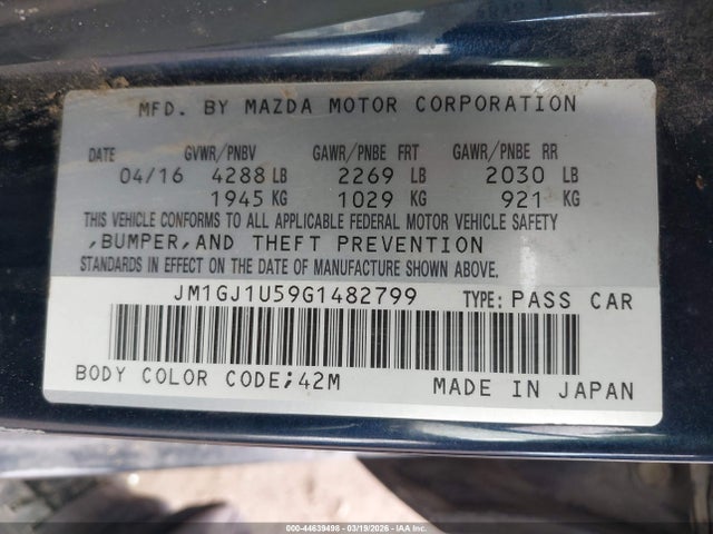 Aukcja sprzedaży 2016 Mazda Mazda6 I Sport, vin: JM1GJ1U59G1482799, numer aukcji: 44639498