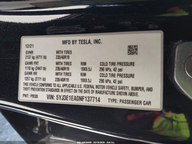 2022 Tesla Model 3 Rear-wheel Drive მანქანა იყიდება აუქციონზე, vin: 5YJ3E1EA0NF137714, აუქციონის ნომერი: 44639499