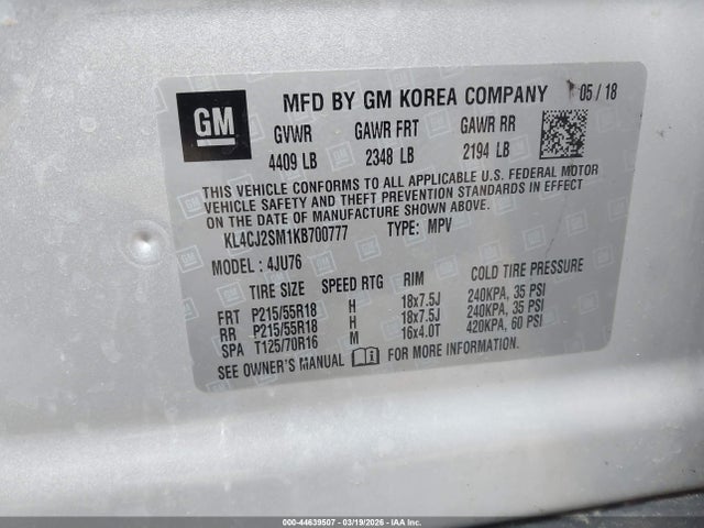 44639507 :رقم المزاد ، KL4CJ2SM1KB700777 vin ، 2019 Buick Encore Awd Sport Touring مزاد بيع