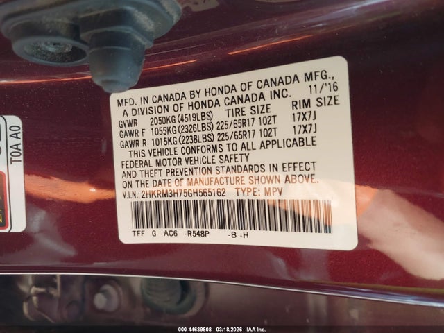 Продажа на аукционе авто 2016 Honda Cr-v Ex-l, vin: 2HKRM3H75GH565162, номер лота: 44639508